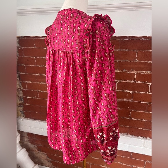 Joie Floral Peasant Blouse Fuchsia Ruffled Button Down Prairie Shirt Deep Pink - Picture 4 of 15